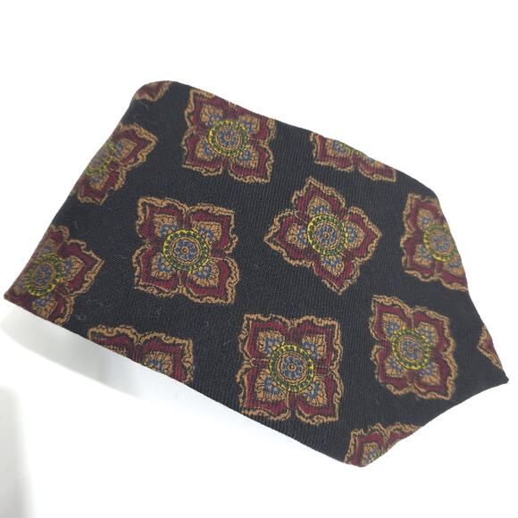 Liberty of London 100% Wool Challis Tie Black Rust Brown Motif Office Preppy - Picture 1 of 7